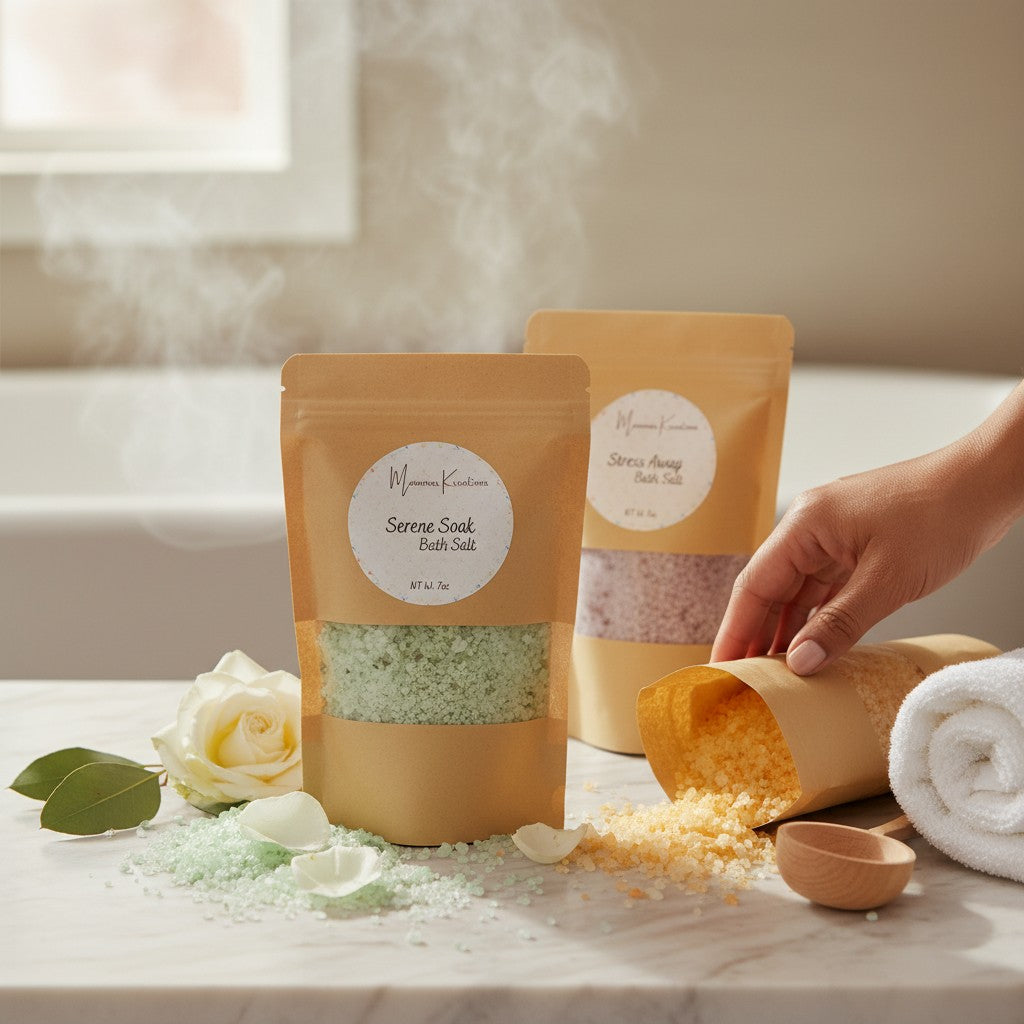 Monimar Kreations bath salts in Serene Soak (greenish-white), Mindful Pump (yellow), and Stress Away (purple) scents. 8 oz bags.