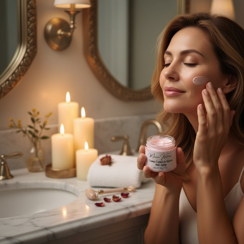 Monimar Kreations Brightening Night Cream in a jar with a black lid, featuring a light pink cream.