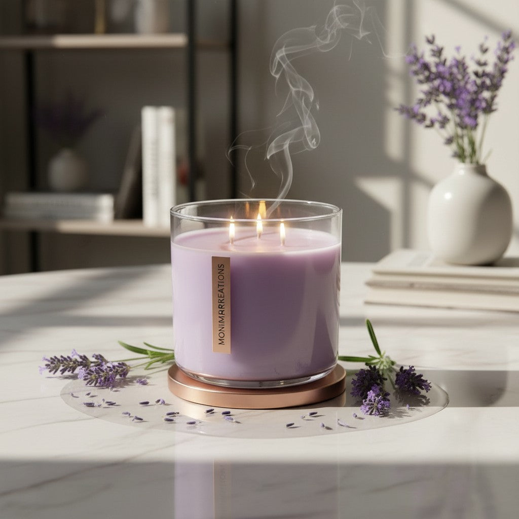 monimarkreations CalmBloom lavender soy candle in a clear glass jar with three wicks, surrounded by lavender sprigs.