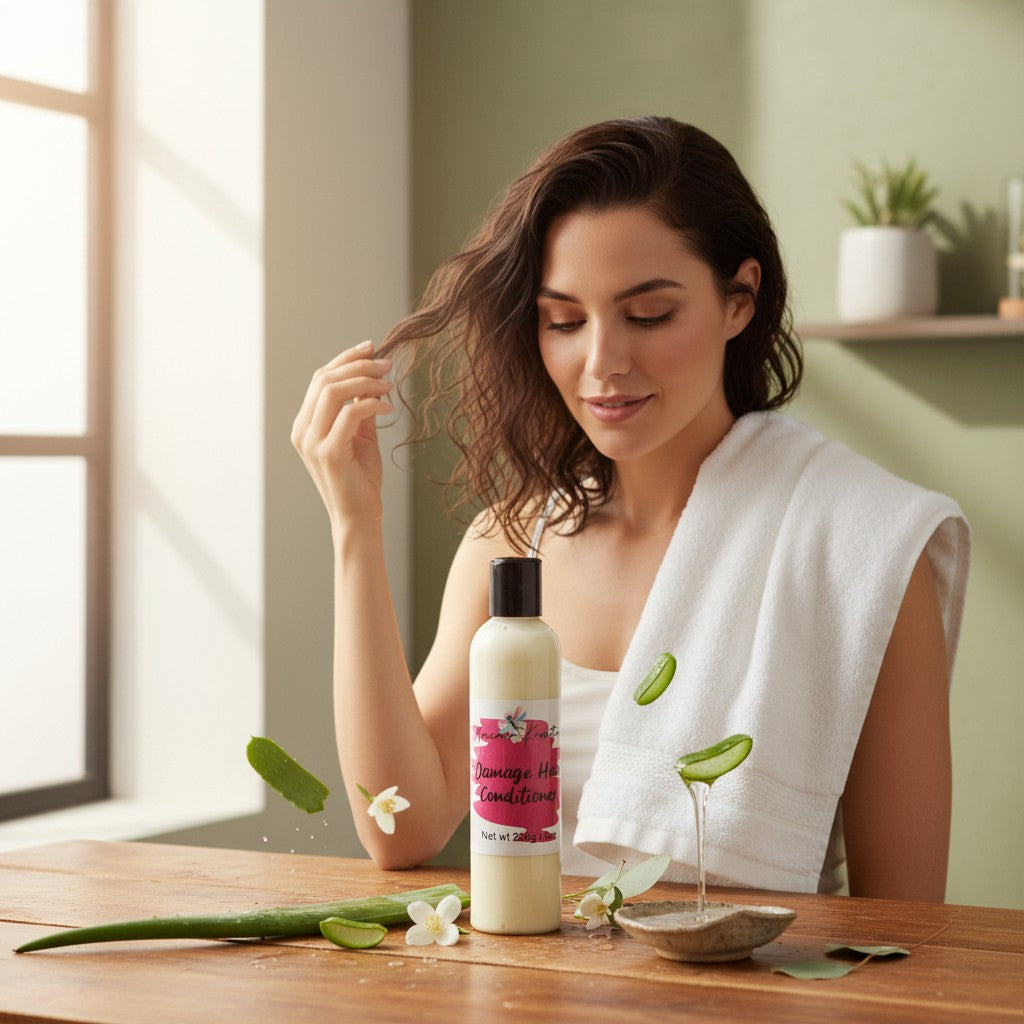 Monimar Kreations Damage Hair Conditioner, a creamy white leave-in conditioner in a clear bottle with a black cap.