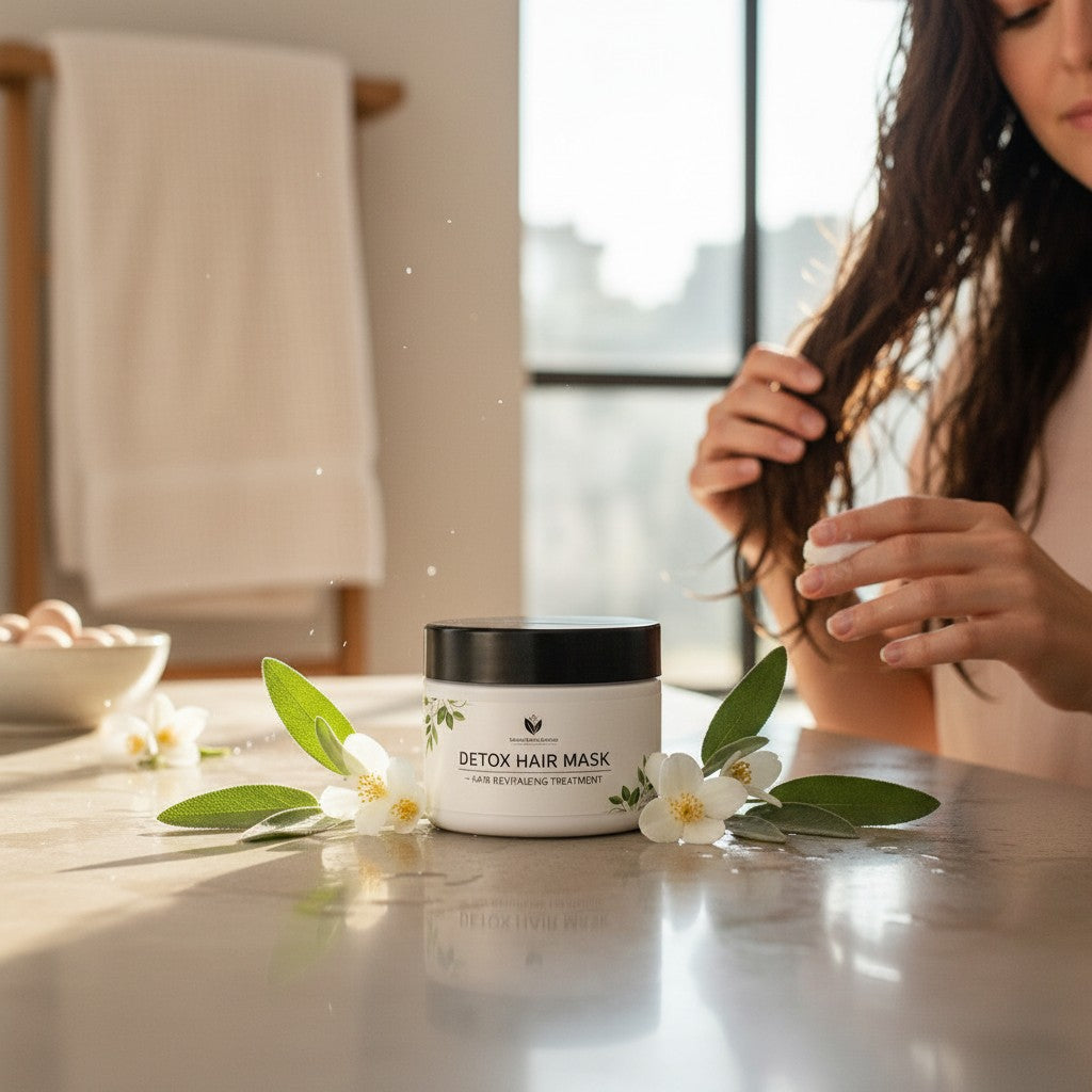 Monimar Kreations Detox Hair Mask jar surrounded by leaves and water splashes, highlighting benefits like deep conditioning and hair revitalization.