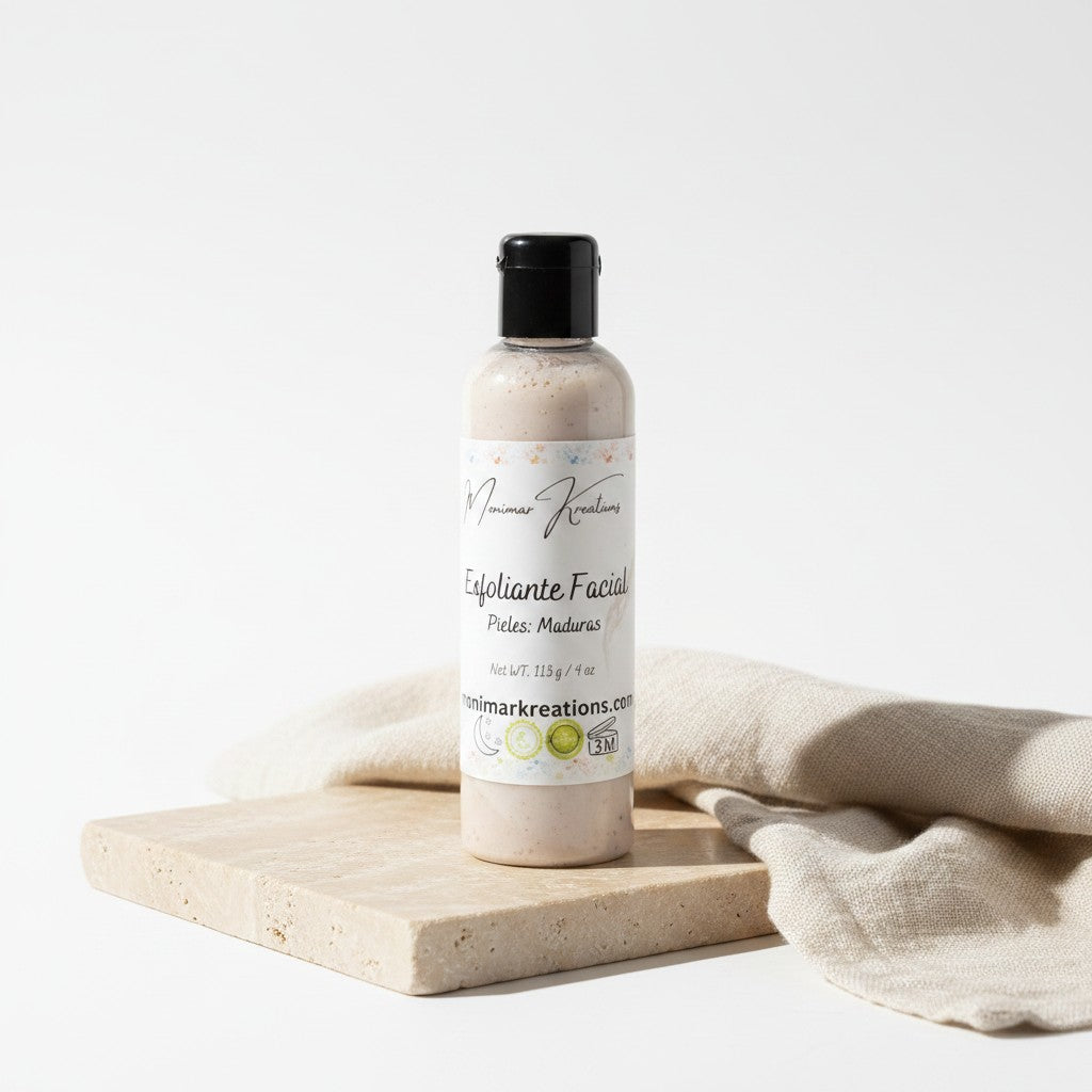 monimarkreations facial scrub for mature skin, gentle exfoliation with natural ingredients, 4 oz bottle.