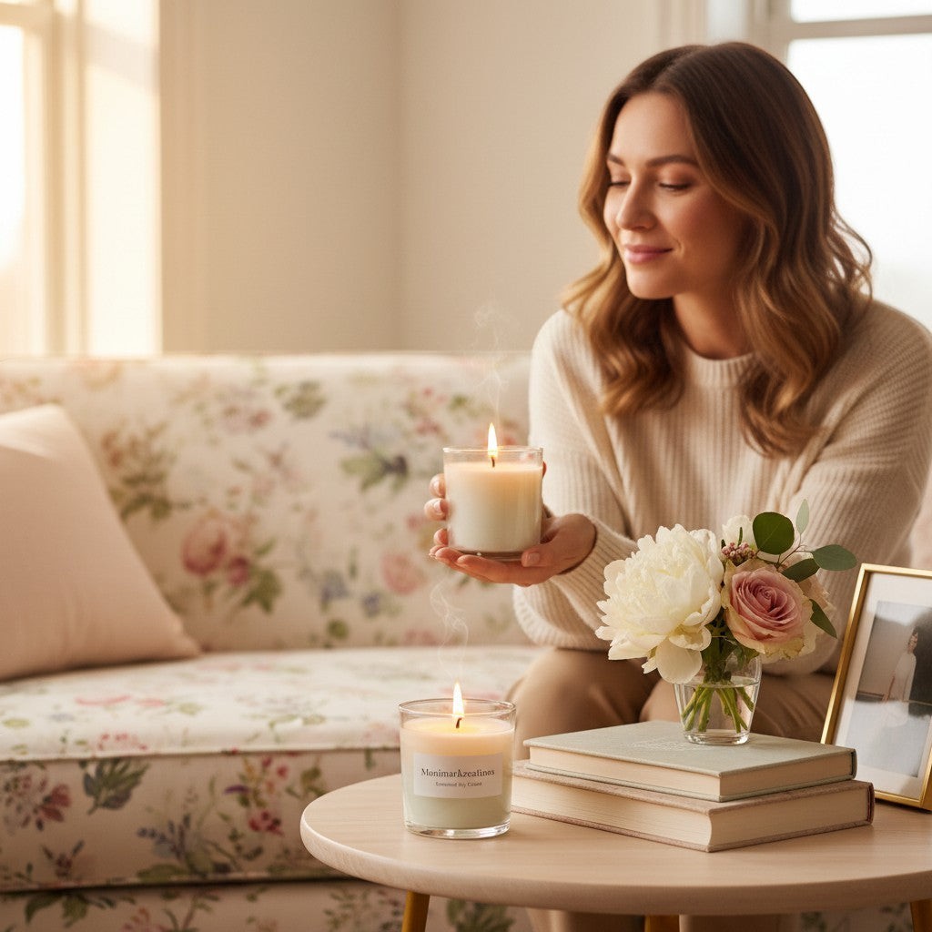 monimarkreations Floral Joy 9 oz soy wax candle in a clear glass jar with a light floral fragrance.