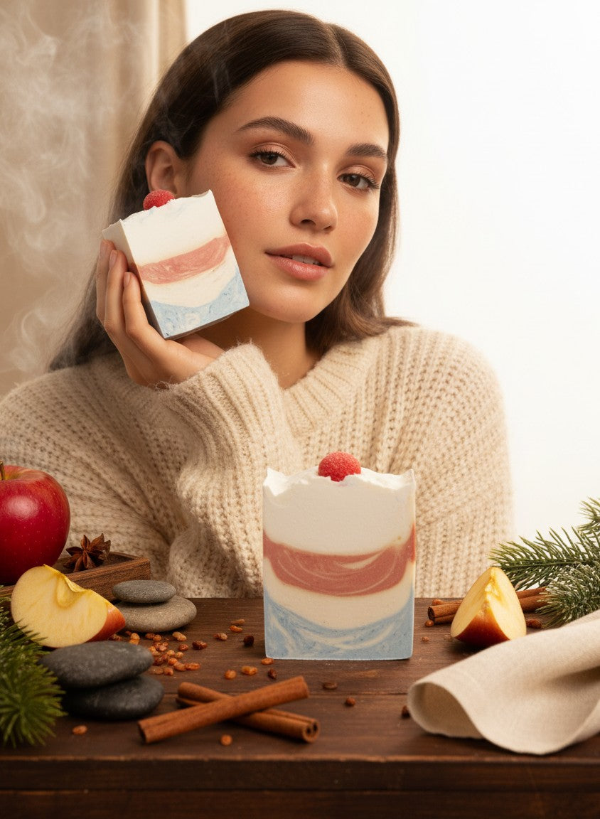 monimarkreations Frosted Apple Bliss Bar soap with white, red, and blue layers, topped with a red sphere.