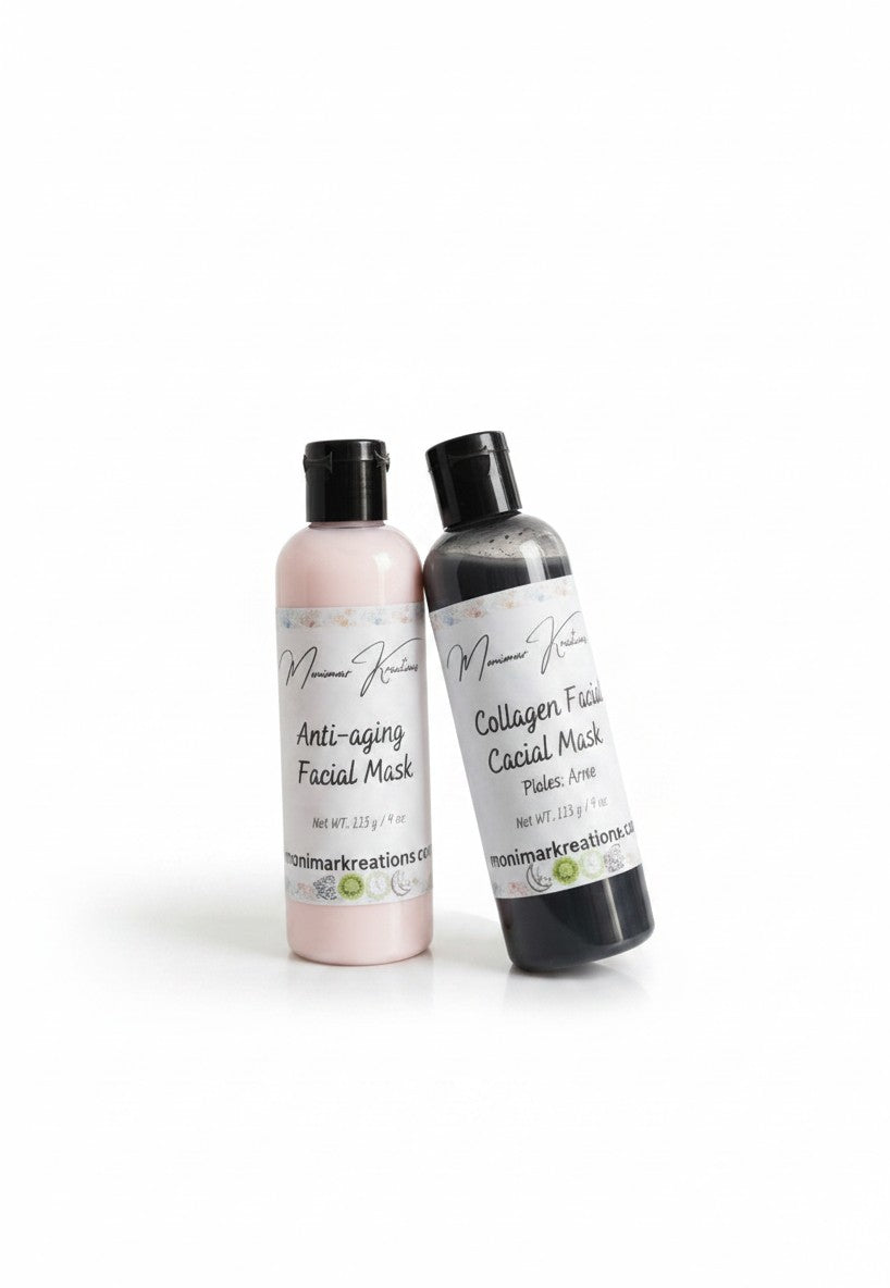 monimarkreations Anti-aging and Collagen facial masks in pink and black bottles, with a woman applying eye patches.