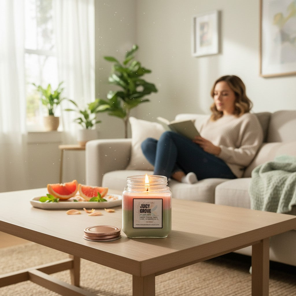 Monimar Kreations Juicy Grove limited edition soy wax candle, 15 oz, with pink, white, and green layers.