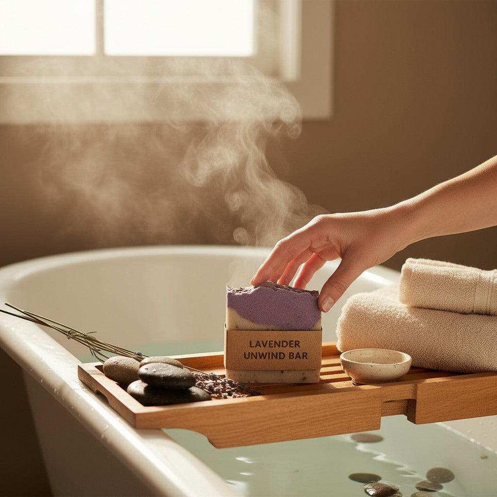 Monimar Kreations Lavender Unwind Bar, a handcrafted soap with lavender-infused olive oil, kaolin clay, and dried lavender buds.
