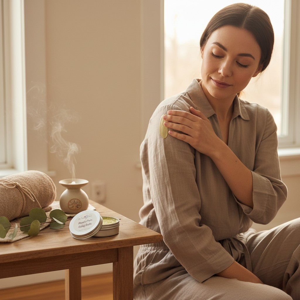 Monimar Kreations Muscle Pain Relief Balm in a tin, offering a cooling and warming sensation for muscle comfort.