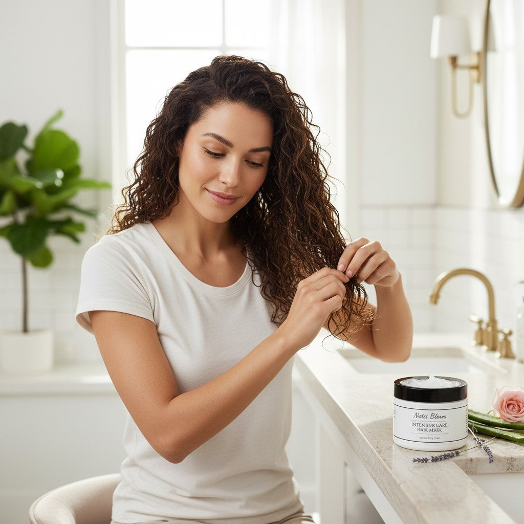 Monimar Kreations Nutri Bloom Intensive Care Hair Mask in a white jar with a black lid, surrounded by aloe vera, rose petals, lavender, and rolled towels.