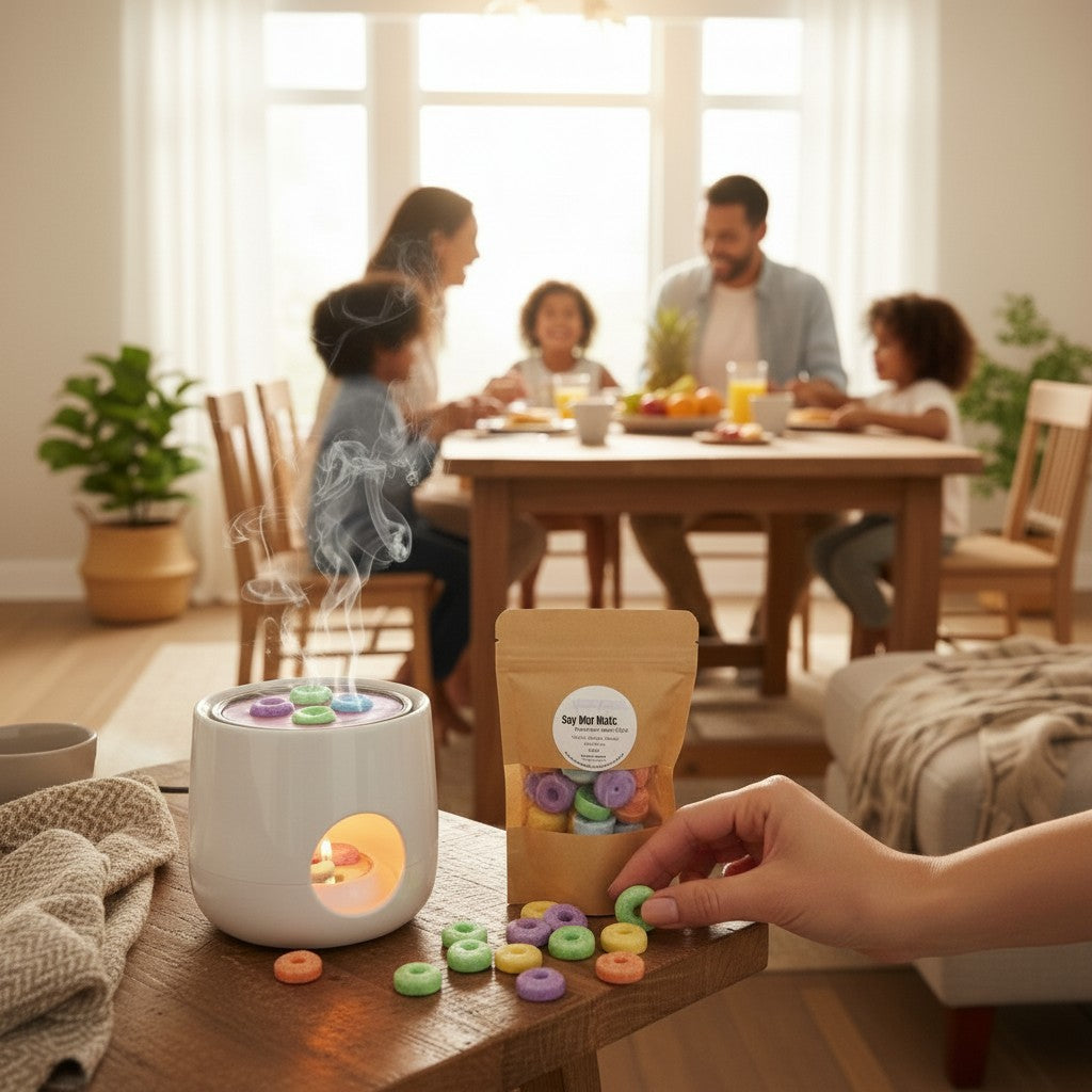 Monimar Kreations Rainbow Breakfast wax melts in a pouch and a wax warmer with colorful cereal-shaped melts.