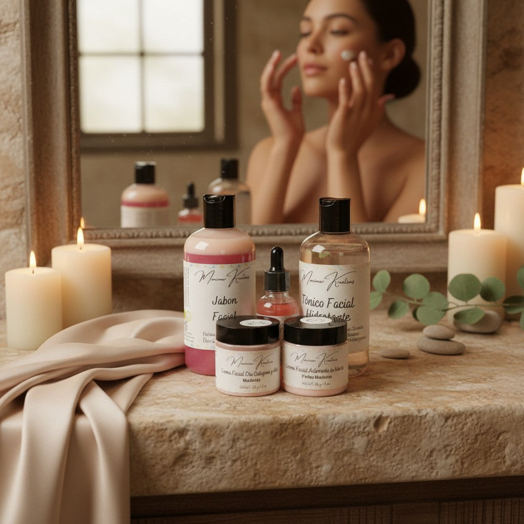 Monimar Kreations skincare bundle for mature skin, includes cleanser, toner, serum, day & night creams.