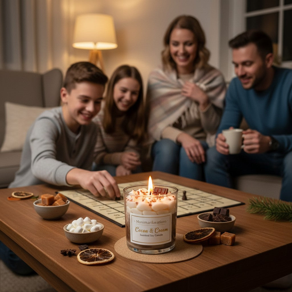 Monimar Kreations S'more Dream soy candle with whipped topping and chocolate wax accents.