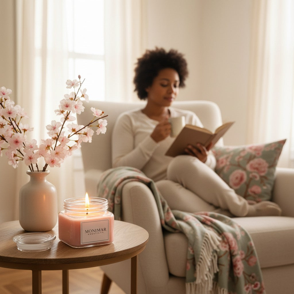 monimarkreations Trip to Japan candle, pink soy wax in a clear jar with Japanese cherry blossom scent.