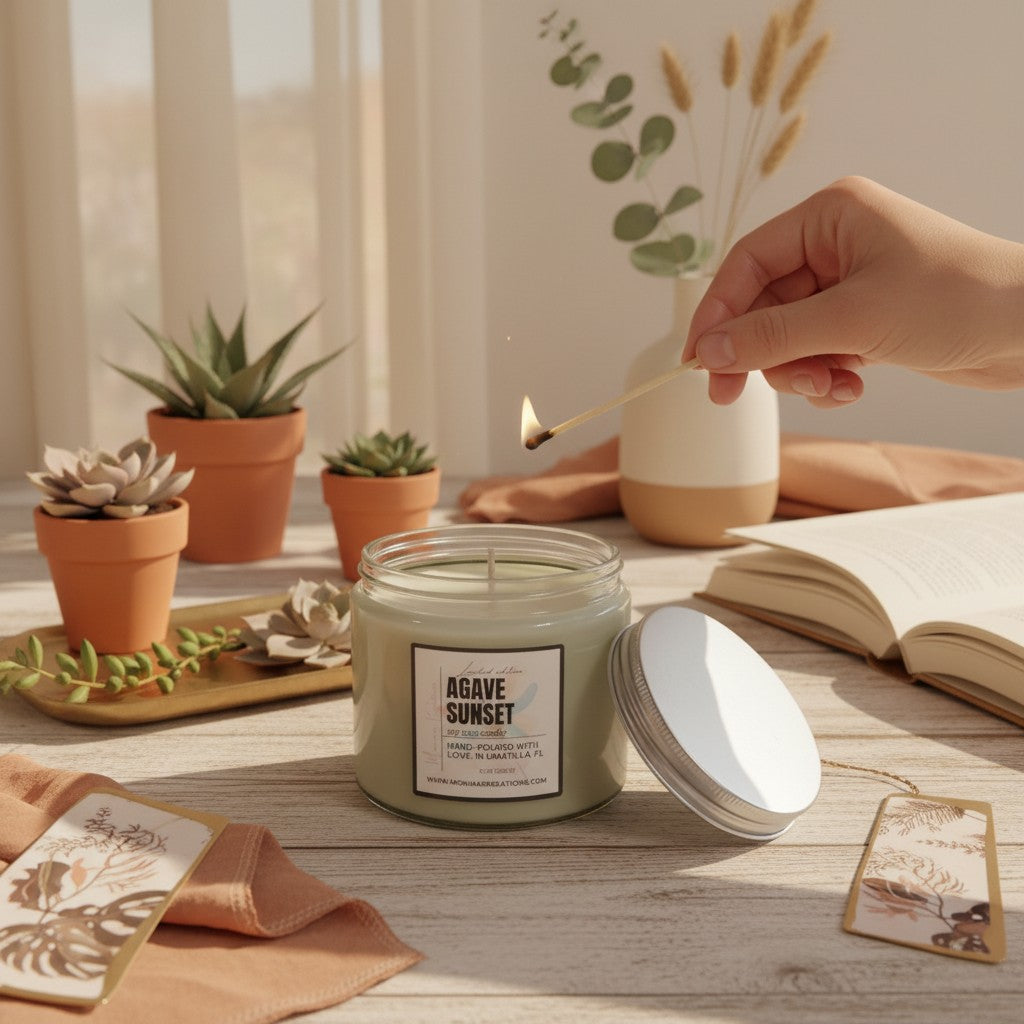 monimarkreations Agave Sunset soy wax candle with citrus, agave, and amber notes in a 10 oz glass jar.