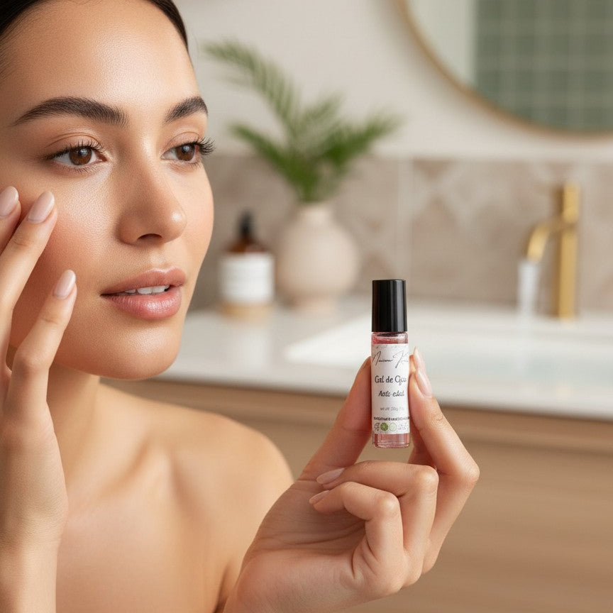 monimarkreations AgeLuxe Anti-Aging Eye Gel in a rollerball bottle with a black cap, on a fluffy white background.
