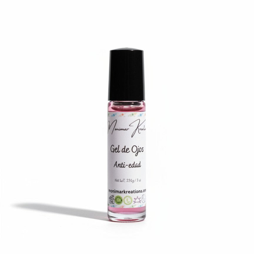 monimarkreations AgeLuxe Anti-Aging Eye Gel in a rollerball bottle, lightweight hydration for fine lines.