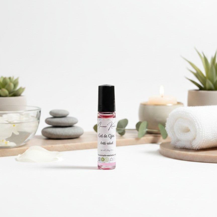 monimarkreations AgeLuxe Anti-Aging Eye Gel in a rollerball bottle, formulated with hyaluronic acid and collagen for hydration and fine line reduction.