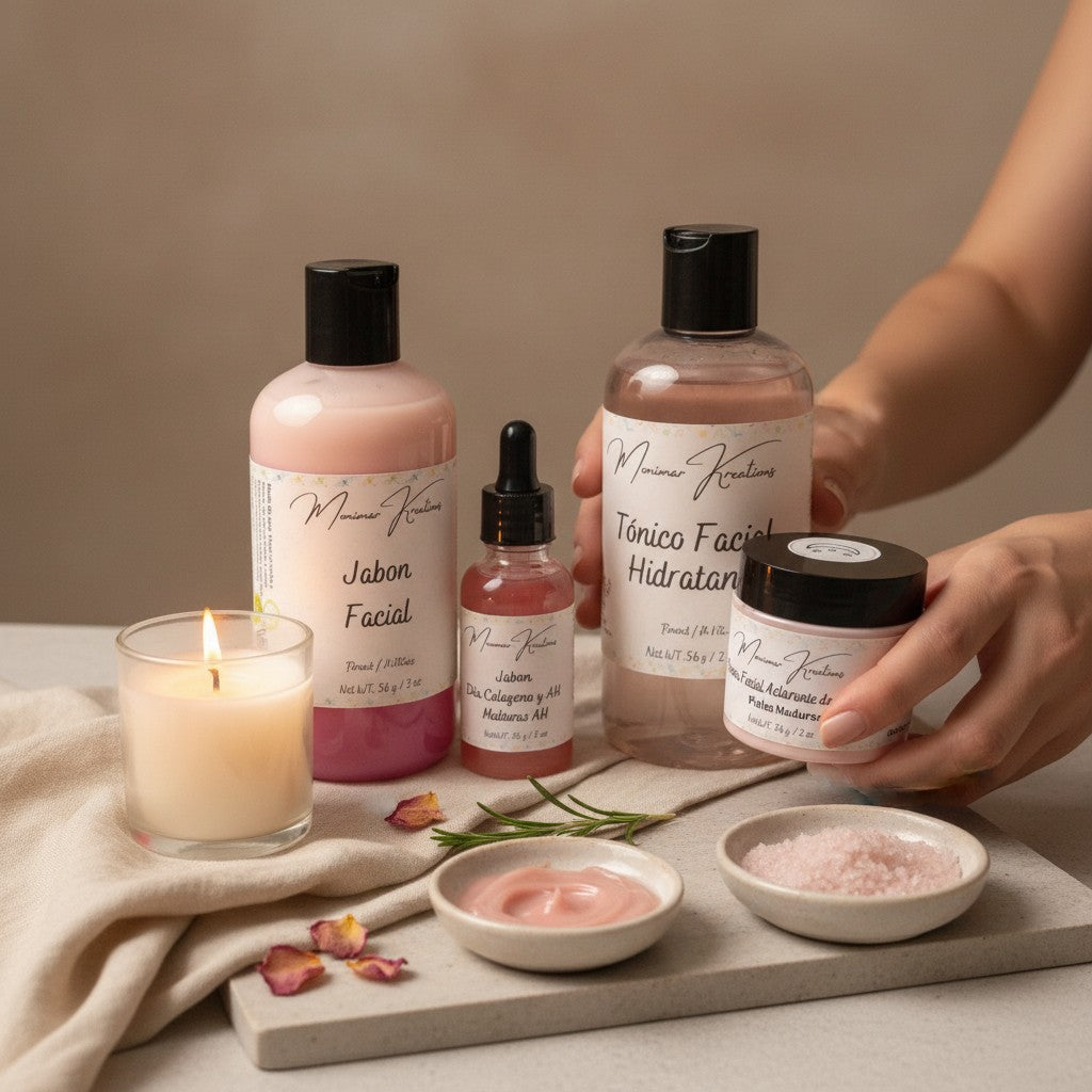 Monimar Kreations Ageless Skincare Bundle with cleanser, toner, serum, day and night creams for mature skin.