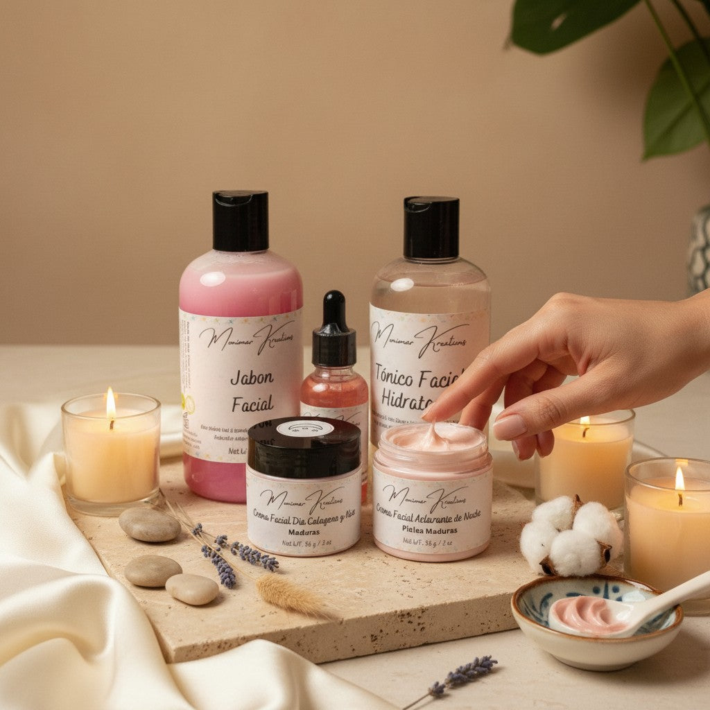 Monimar Kreations Ageless Skincare Bundle with cleanser, toner, serum, day and night creams for mature skin.