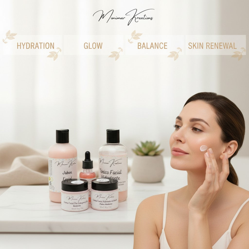 Monimar Kreations Ageless Skincare Bundle featuring cleanser, toner, serum, day cream, and night cream in pink and clear bottles.