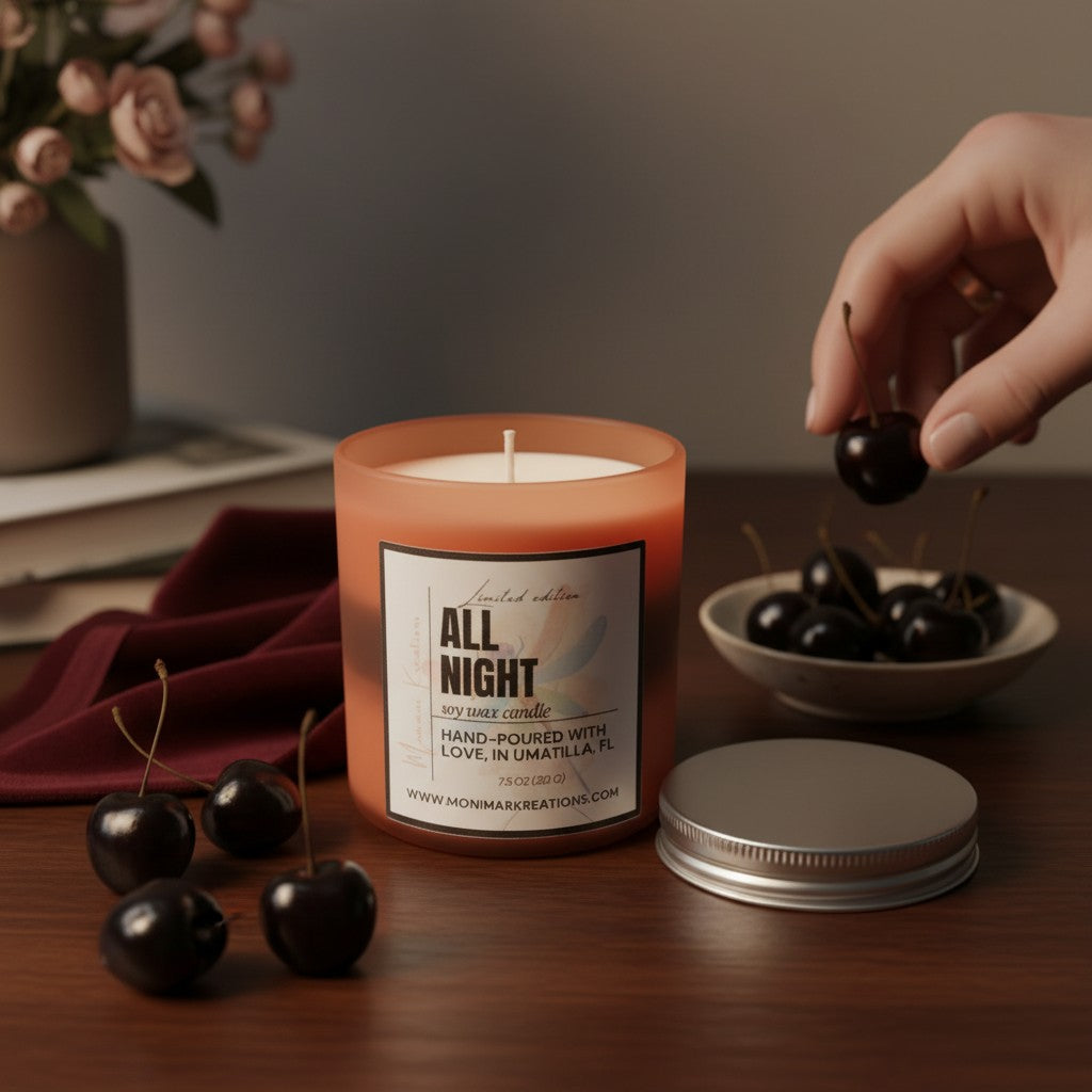 monimarkreations All Night soy wax candle in a glass jar with a silver lid, featuring a black cherry and merlot fragrance.