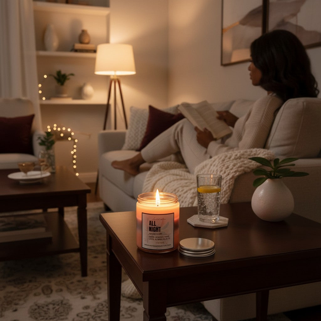 monimarkreations All Night soy wax candle in a glass jar with a silver lid, featuring a black cherry and merlot scent.