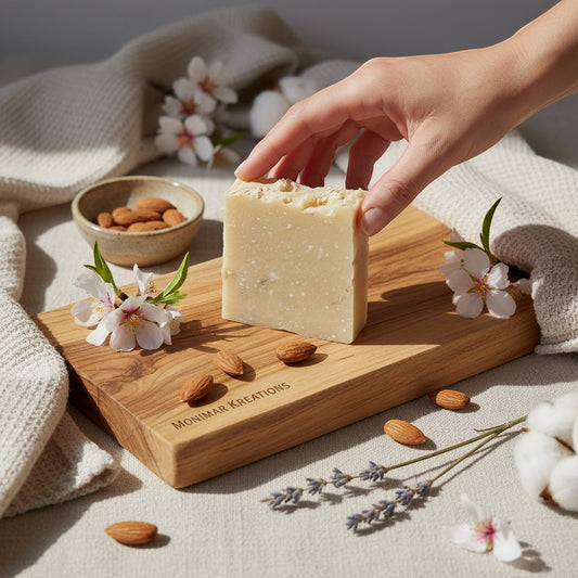 monimarkreations Almond Milk Serenity Bar soap with creamy lather and cozy almond aroma. Gentle cleansing for soft, nourished skin.