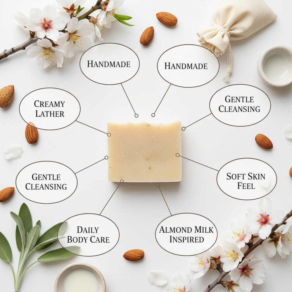 monimarkreations Almond Milk Serenity Bar soap with creamy lather and cozy almond aroma. Gentle cleansing for soft, nourished skin.