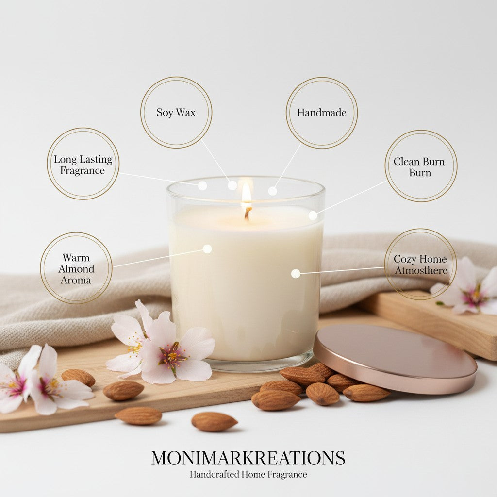 monimarkreations Almond Whisper soy wax candle in a clear glass jar with a rose gold lid. Soft, creamy almond scent.