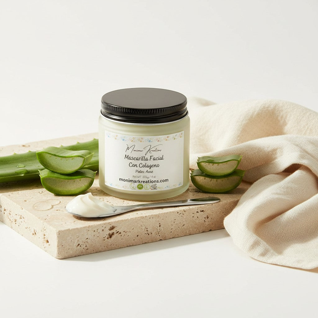 monimarkreations Aloe Collagen Face Mask for acne-prone skin, 6 oz bottle with black cap, creamy texture.