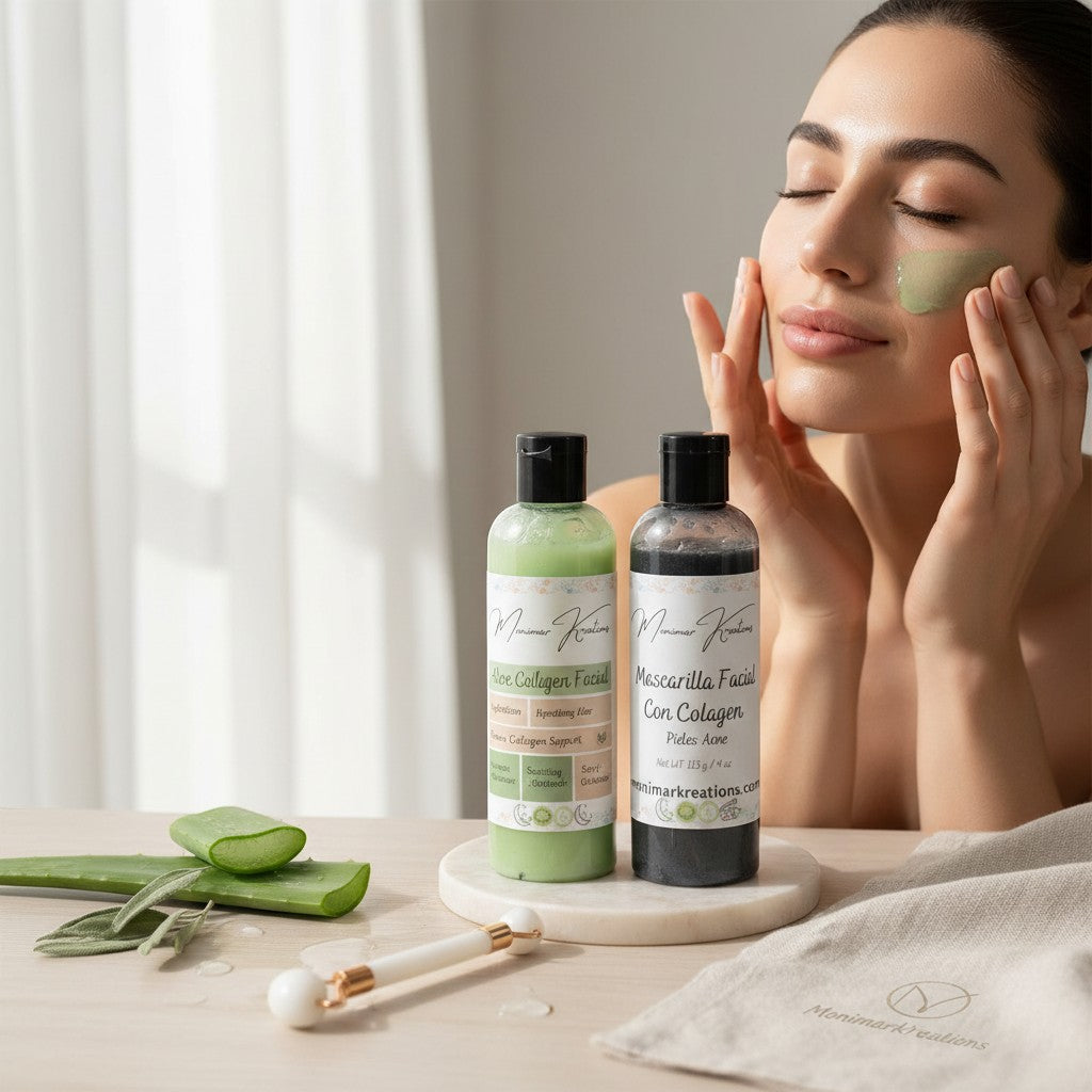 monimarkreations Aloe & Collagen Face Mask, a hydrating and soothing treatment for all skin types. Creamy texture, fresh citrus and floral scent.