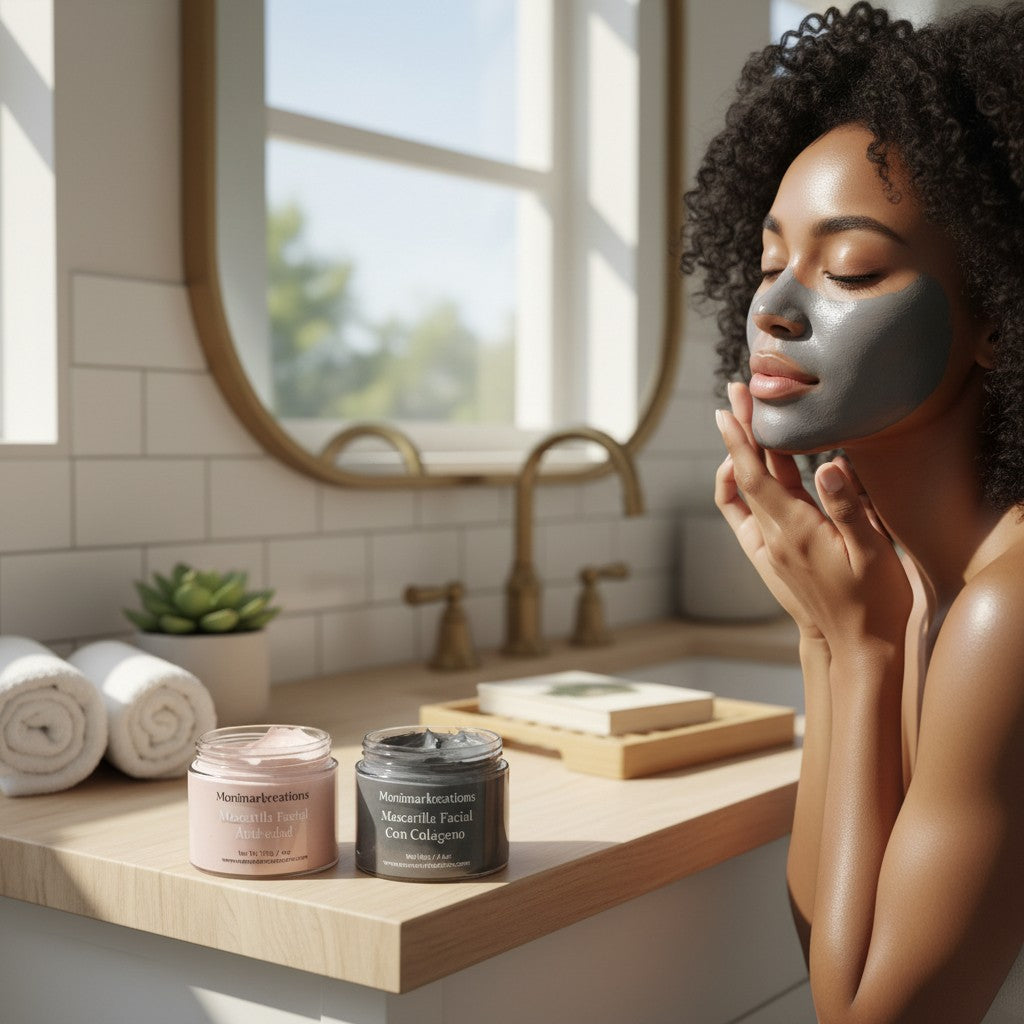 monimarkreations Aloe & Collagen Face Mask, a hydrating and soothing treatment for all skin types, in a pink bottle.