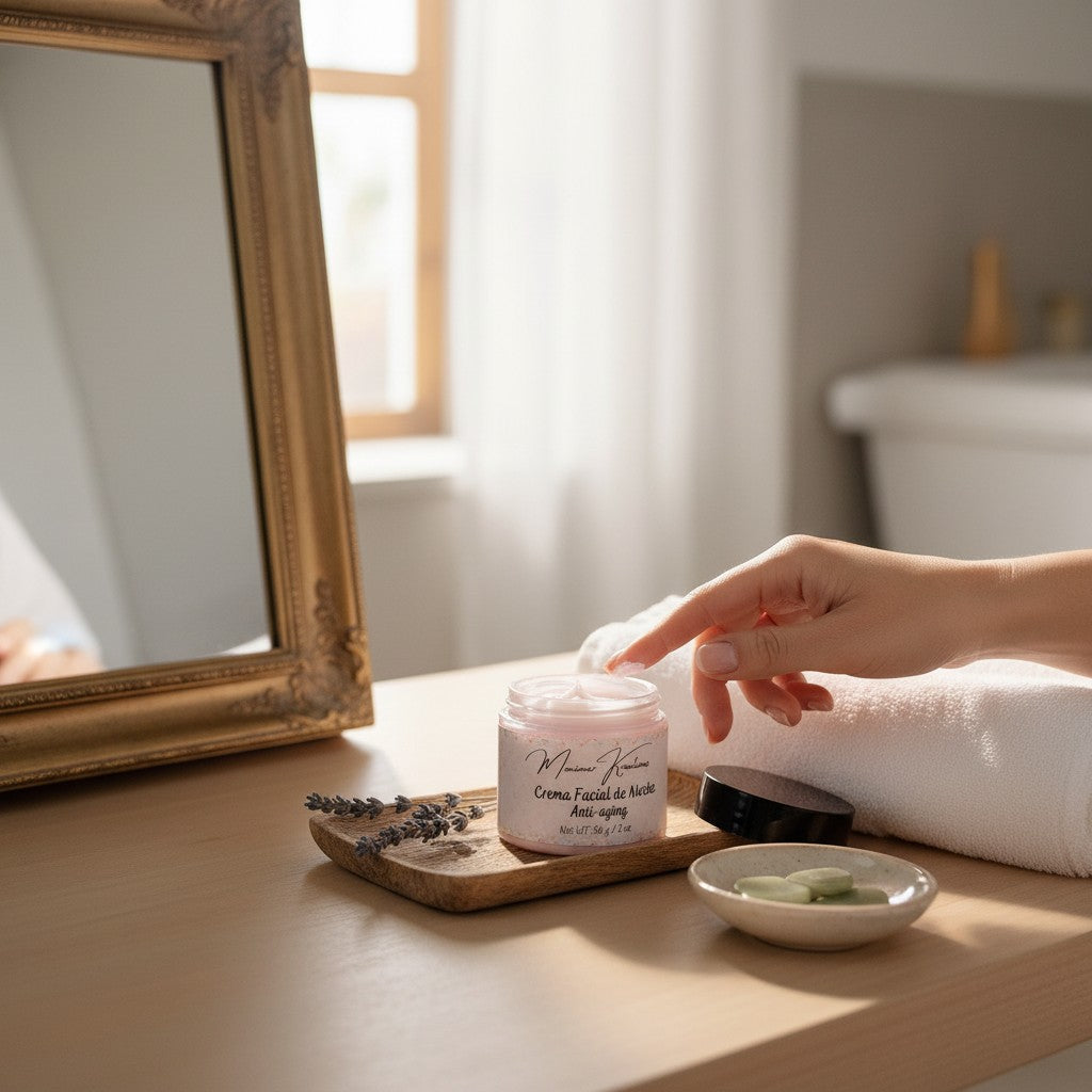 Monimar Kreations Anti-aging facial cream in a jar with a black lid, pink cream inside, on a white fluffy surface.