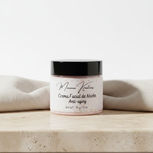 monimarkreations pink anti-aging night face cream in a jar with a black lid, 2 oz