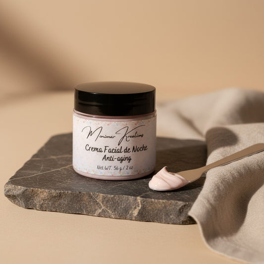 monimarkreations Anti-Aging Night Cream in a glass jar with a black lid, pink cream, 2 oz.