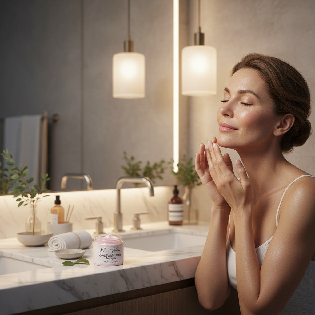 monimarkreations Anti-Aging Night Cream in a glass jar with a black lid, pink cream, 2 oz.
