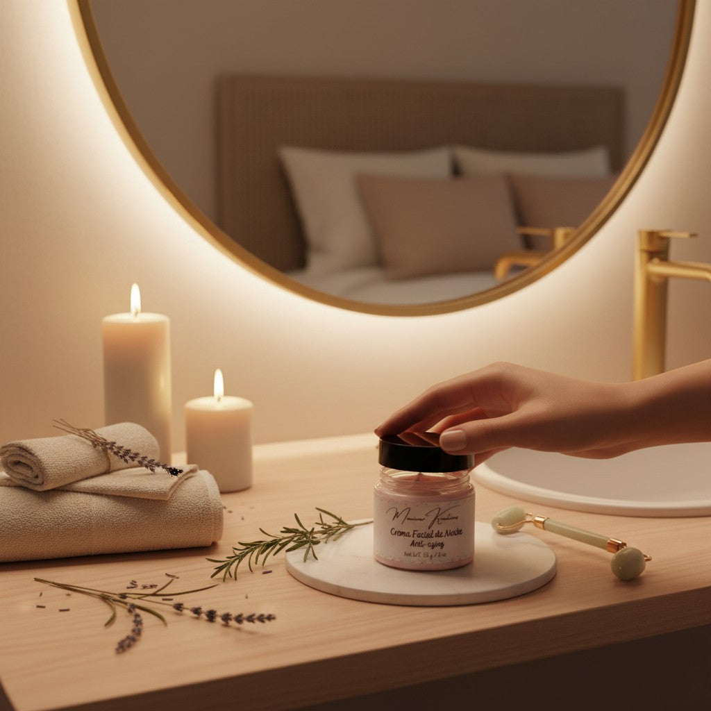 Monimar Kreations Anti-Aging Night Cream in a glass jar with a black lid, pink cream, 2 oz.