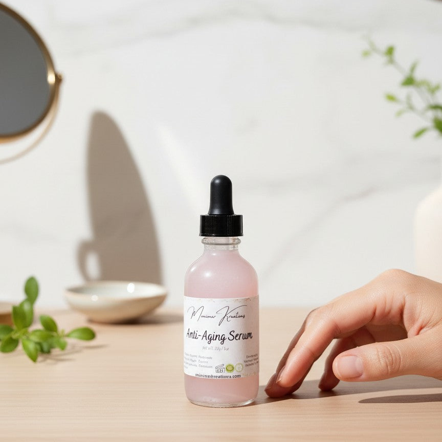 monimarkreations Anti-Aging Serum in a clear glass bottle with a dropper lid. Lightweight pink serum.