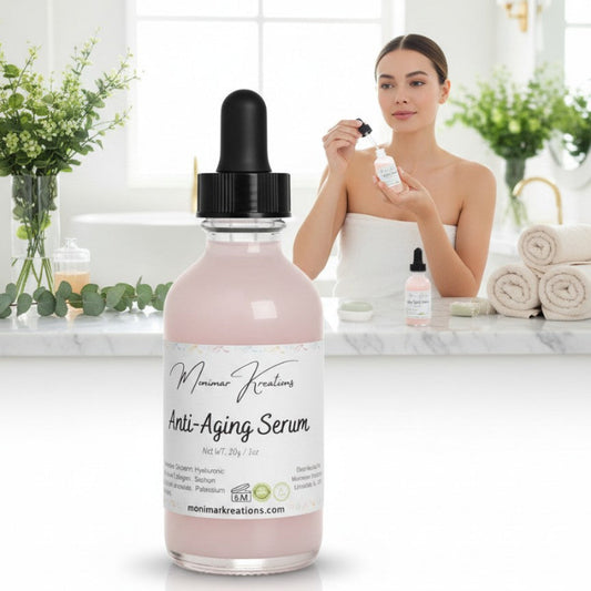 monimarkreations Anti-Aging Serum in a clear glass bottle with a dropper lid. Lightweight pink serum.