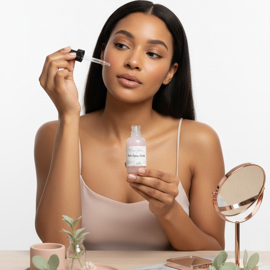monimarkreations Anti-Aging Serum in a clear glass bottle with a dropper lid. Lightweight pink serum.