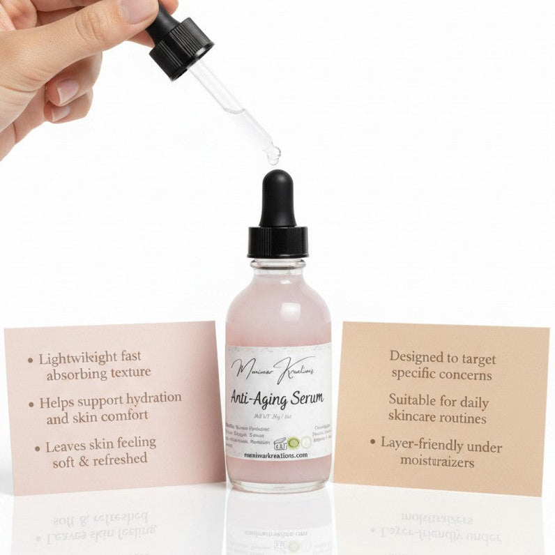 monimarkreations Anti-Aging Serum in a clear glass bottle with a pink tint, featuring a dropper applicator. Helps improve fine lines and skin firmness.