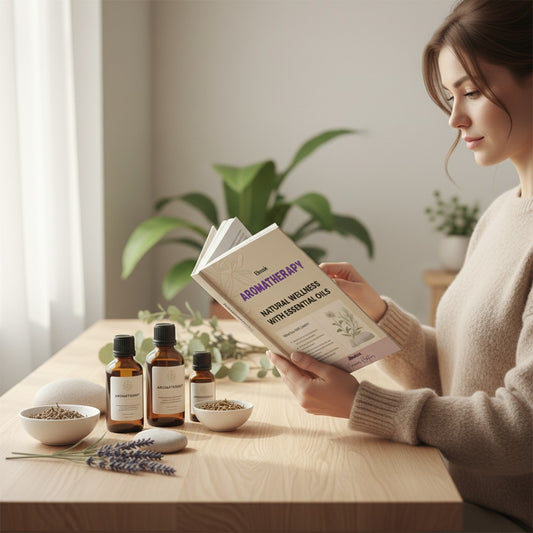 Ebook cover for Aromatherapy: Natural Wellness with Essential Oils, featuring amber bottles and plants.