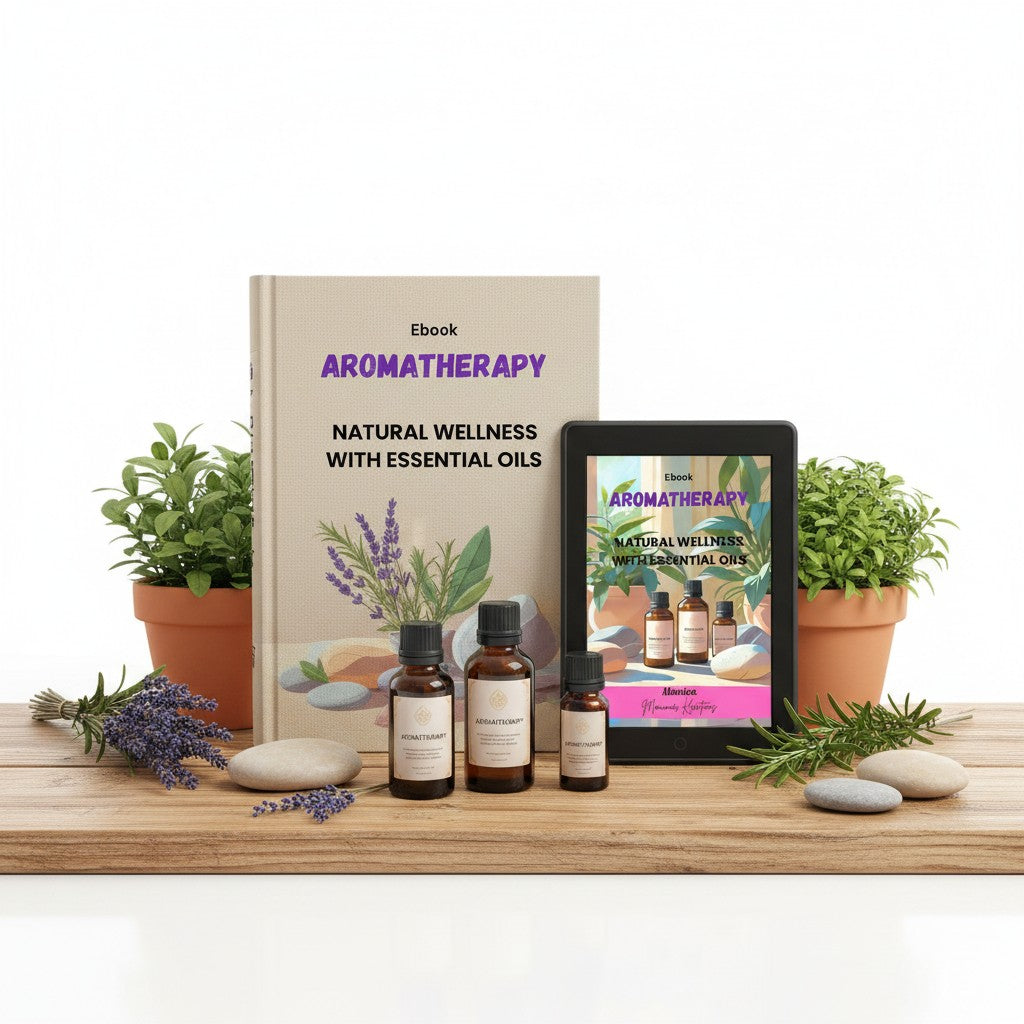 Ebook cover for Aromatherapy: Natural Wellness with Essential Oils by Monimar Kreations, featuring amber bottles and plants.