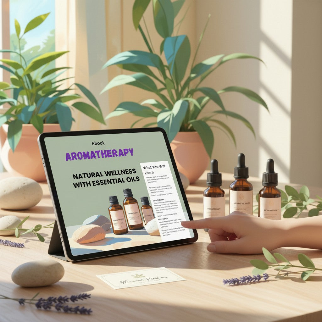 Ebook cover for Aromatherapy: Natural Wellness with Essential Oils by Monimar Kreations, featuring amber bottles and plants.
