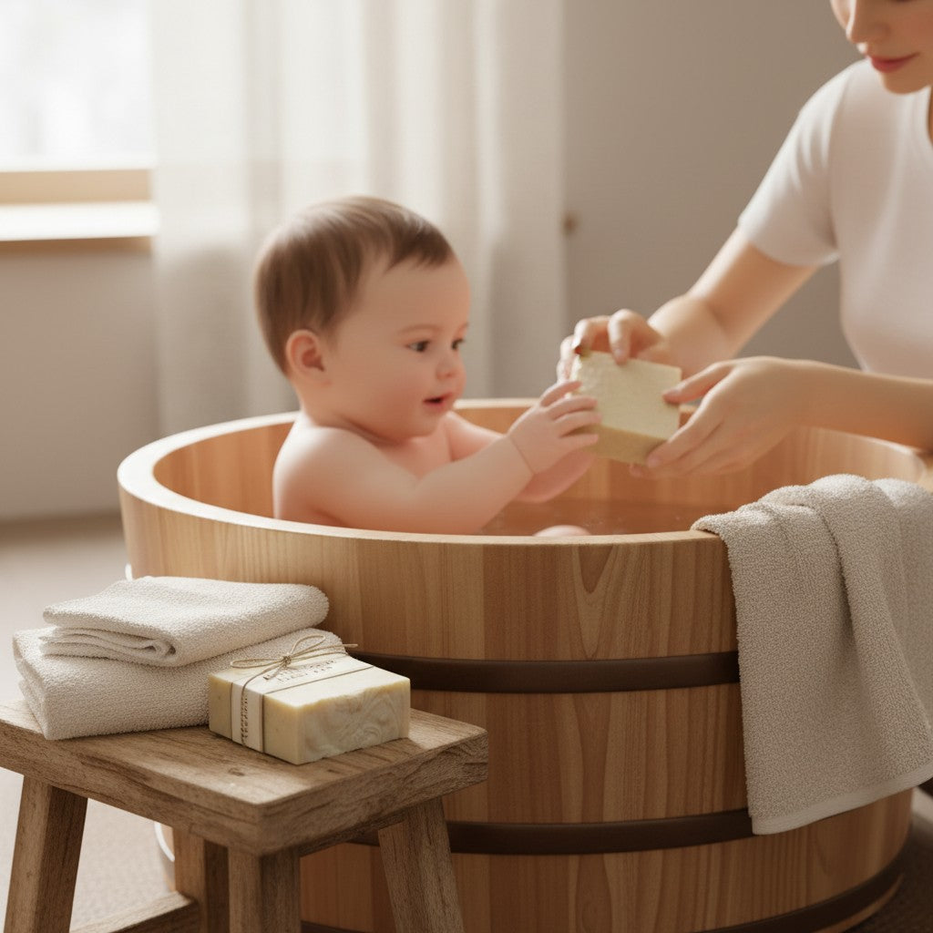 monimarkreations Little Calm Baby Bar, a creamy white soap with visible oat specks and a decorative swirl on top.
