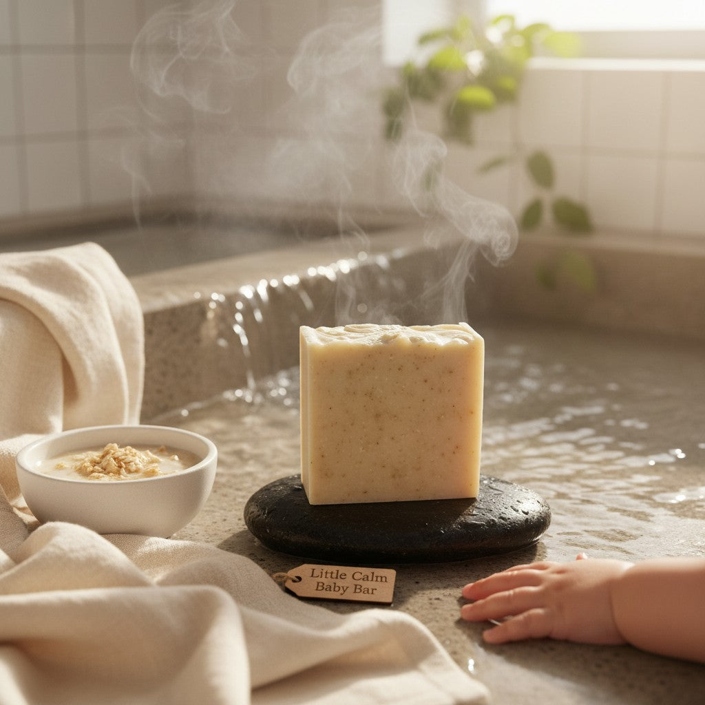 monimarkreations Little Calm Baby Bar, a creamy, off-white handcrafted soap with visible oatmeal flecks and a swirled top design.
