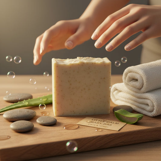 monimarkreations Little Calm Baby Bar, a creamy white handcrafted soap with oatmeal flecks and a swirled top design.
