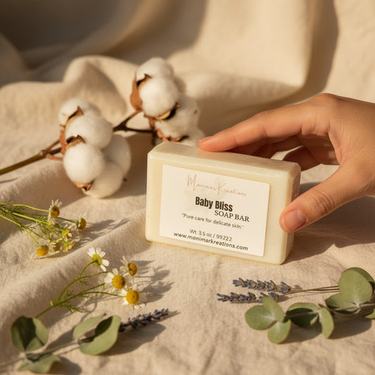monimarkreations Baby Soft Soap bar with shea butter, chamomile, and oat extract. Gentle cleansing for delicate skin.