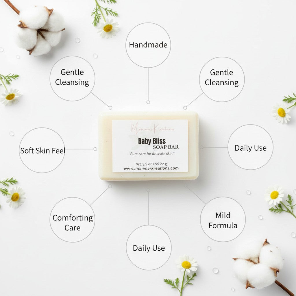 monimarkreations Baby Soft Soap bar with shea butter and chamomile extract, gentle cleansing for delicate skin.