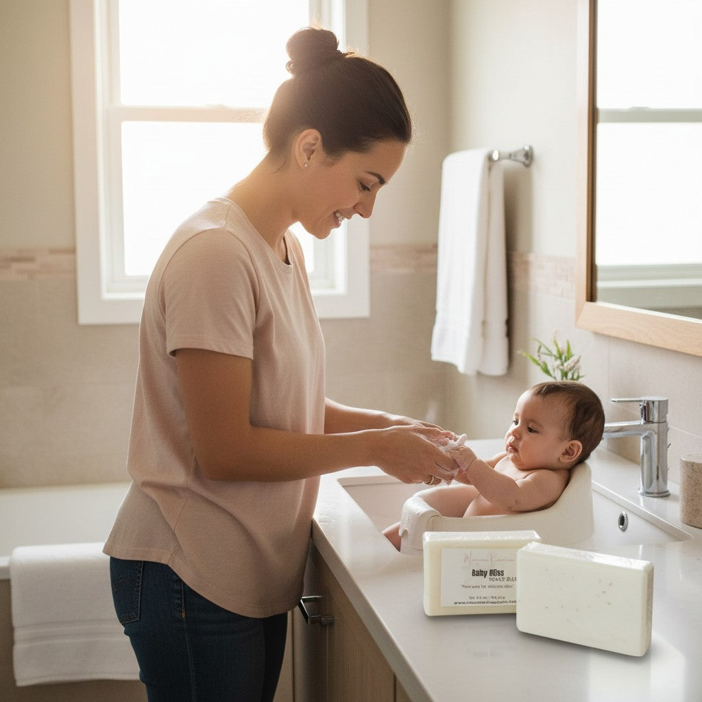 monimarkreations Baby Soft Soap bar with shea butter and chamomile extract, gentle cleansing for delicate skin.
